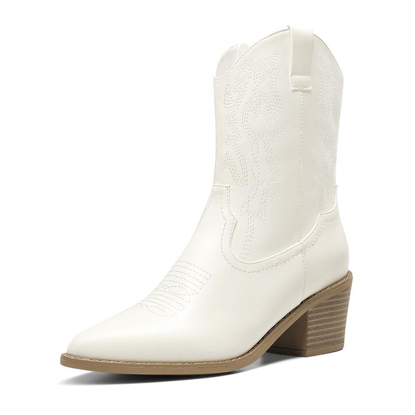 Western Chunky Heel Cowboy Ankle Boots - WHITE -  0